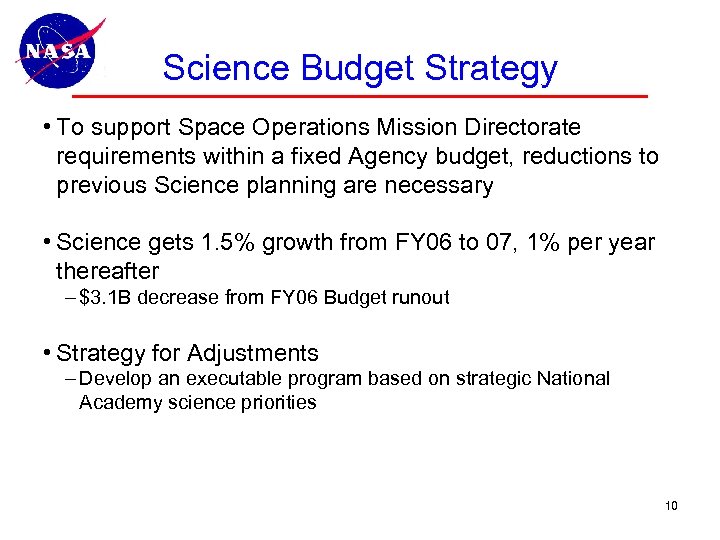Science Budget Strategy • To support Space Operations Mission Directorate requirements within a fixed