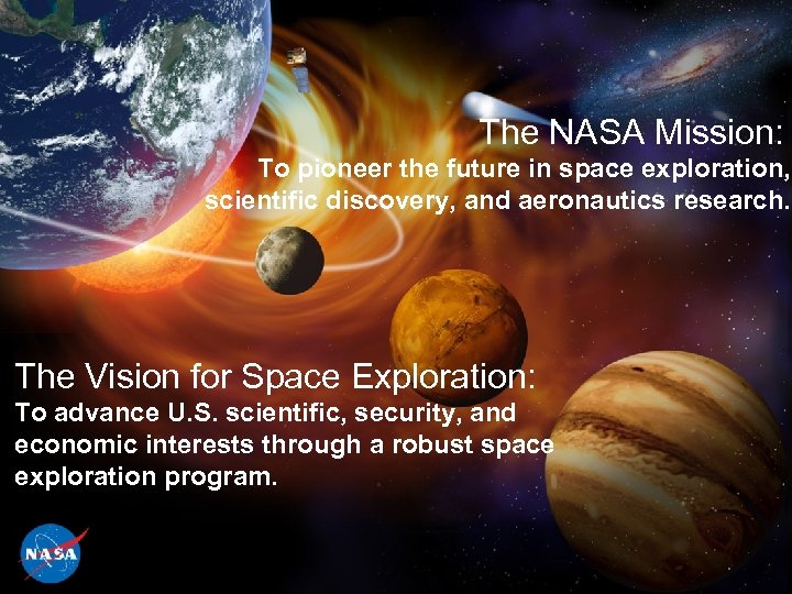 The NASA Mission: To pioneer the future in space exploration, scientific discovery, and aeronautics
