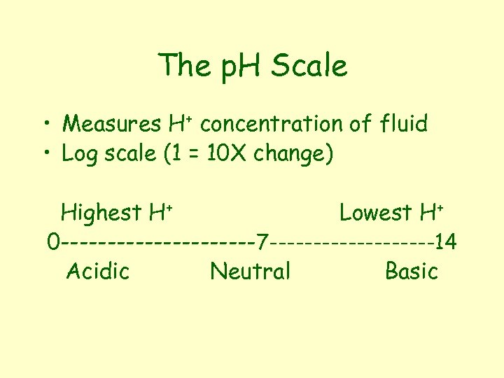 The p. H Scale • Measures H+ concentration of fluid • Log scale (1