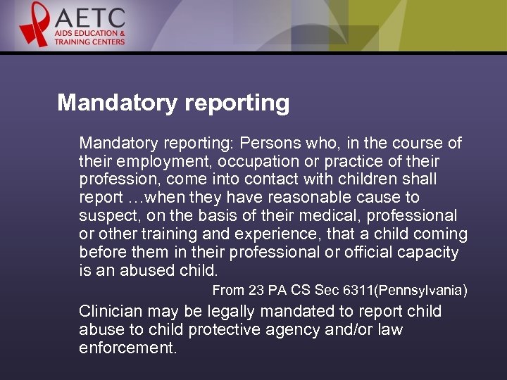 Mandatory reporting: Persons who, in the course of their employment, occupation or practice of