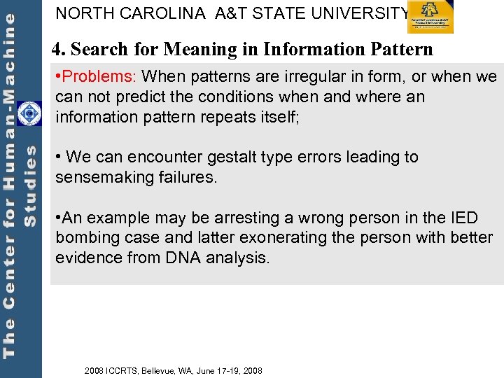 NORTH CAROLINA A&T STATE UNIVERSITY 4. Search for Meaning in Information Pattern • Problems: