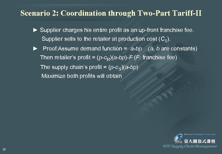 Scenario 2: Coordination through Two-Part Tariff-II ► Supplier charges his entire profit as an