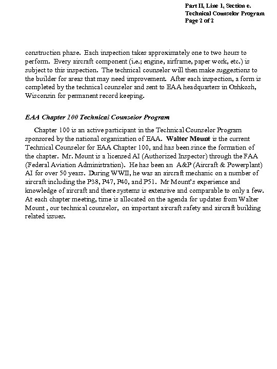 Part II, Line 1, Section e. Technical Counselor Program Page 2 of 2 construction