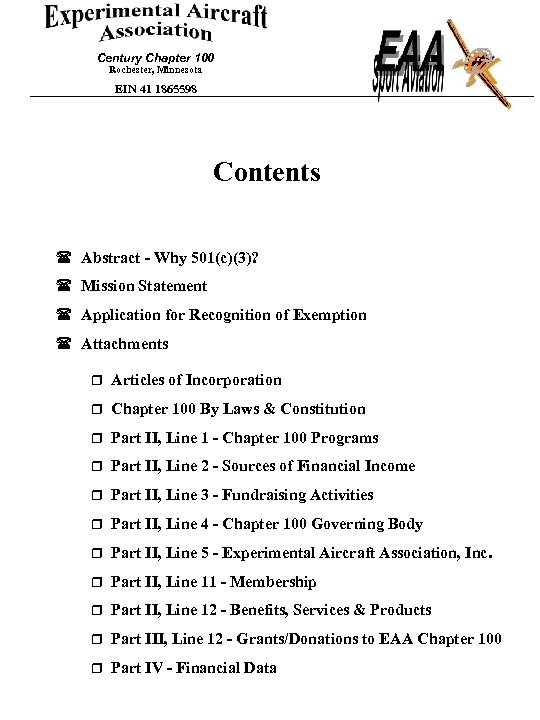 Century Chapter 100 Rochester, Minnesota EIN 41 1865598 Contents ( Abstract - Why 501(c)(3)?