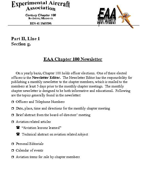 Century Chapter 100 Rochester, Minnesota EIN 41 1865598 Part II, Line 1 Section g.