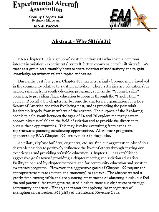 Century Chapter 100 Rochester, Minnesota EIN 41 1865598 Abstract - Why 501(c)(3)? EAA Chapter