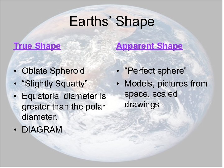 Earths’ Shape True Shape Apparent Shape • Oblate Spheroid • “Slightly Squatty” • Equatorial