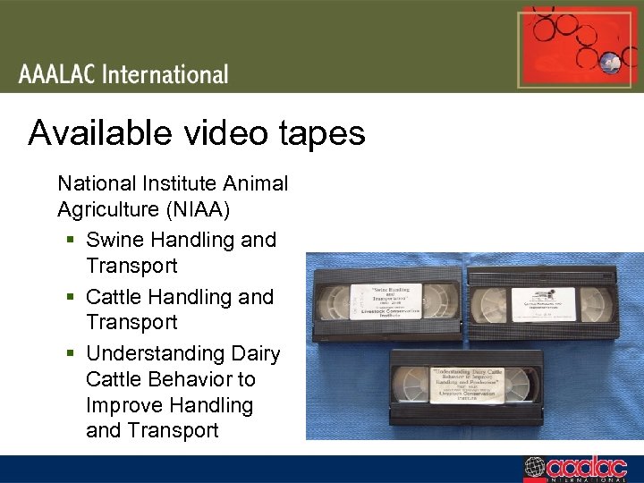 Available video tapes National Institute Animal Agriculture (NIAA) § Swine Handling and Transport §