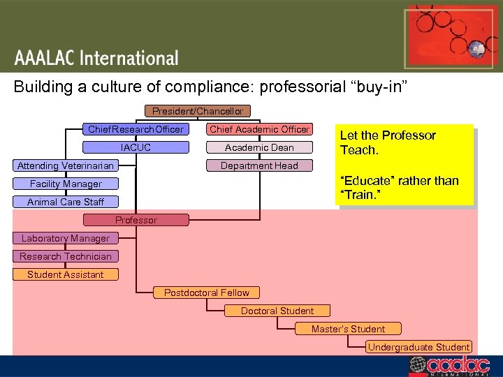 Building a culture of compliance: professorial “buy-in” President/Chancellor Chief Research Officer Chief Academic Officer