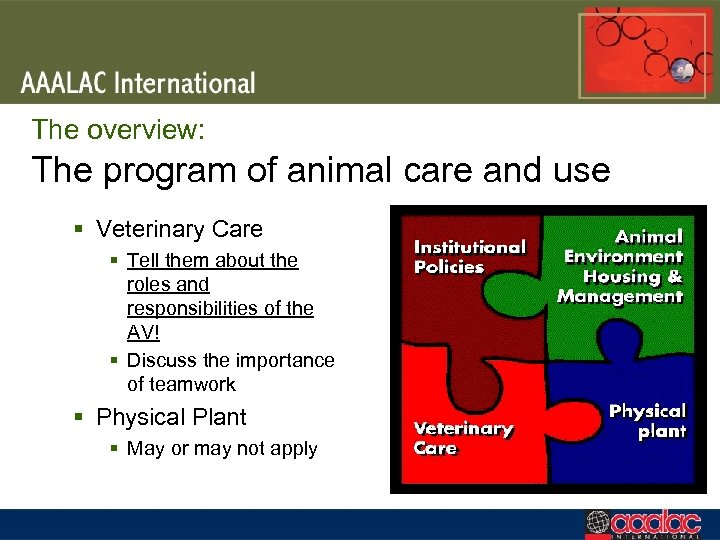 The overview: The program of animal care and use § Veterinary Care § Tell