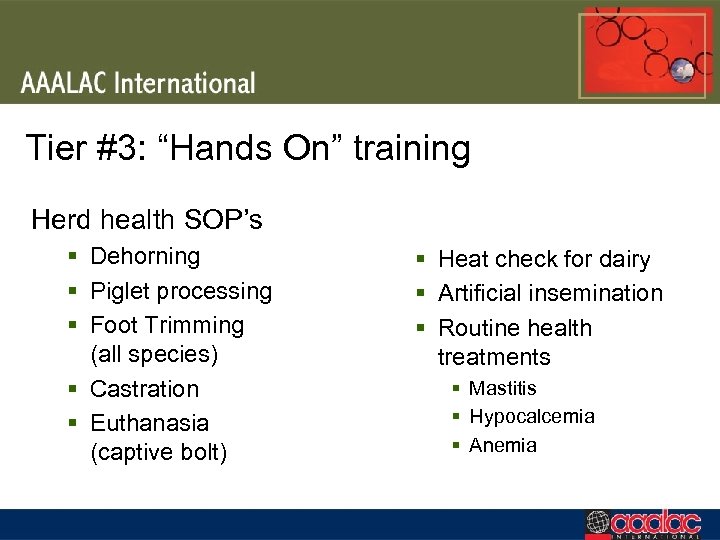 Tier #3: “Hands On” training Herd health SOP’s § Dehorning § Piglet processing §