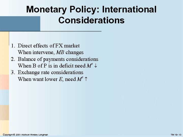 Monetary Policy: International Considerations 1. Direct effects of FX market When intervene, MB changes