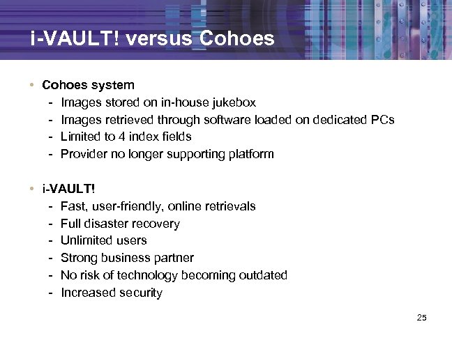 i-VAULT! versus Cohoes • Cohoes system - Images stored on in-house jukebox - Images