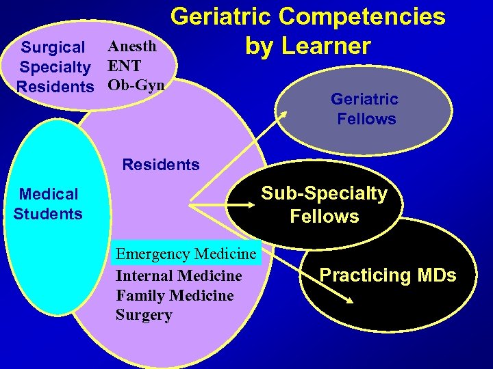 Surgical Anesth Specialty ENT Residents Ob-Gyn Geriatric Competencies by Learner Geriatric Fellows Residents Sub-Specialty