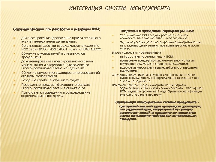 ИНТЕГРАЦИЯ СИСТЕМ МЕНЕДЖМЕНТА Основные действия при разработке и внедрении ИСМ: Диагностирование (проведение предварительного аудита)