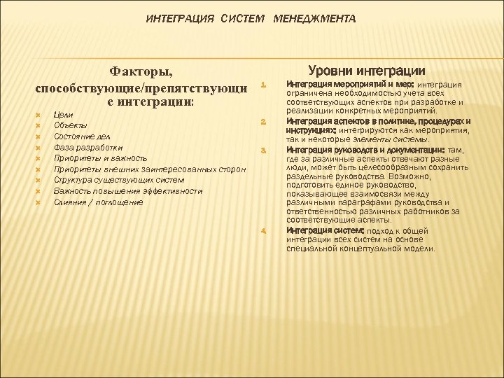 ИНТЕГРАЦИЯ СИСТЕМ МЕНЕДЖМЕНТА Факторы, способствующие/препятствующи е интеграции: Цели Объекты Состояние дел Фаза разработки Приоритеты