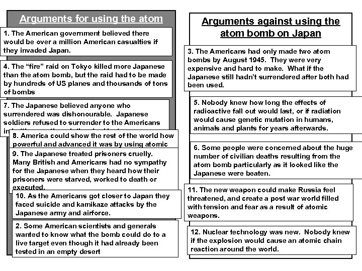 Arguments for using the atom bomb on believed 1. The American government. Japan there