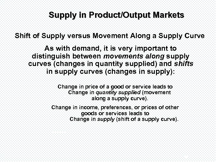 Supply in Product/Output Markets Shift of Supply versus Movement Along a Supply Curve As