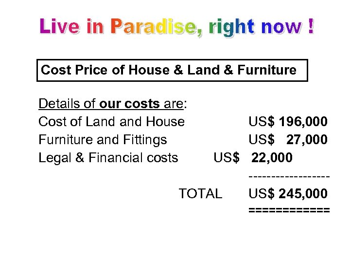 Cost Price of House & Land & Furniture Details of our costs are: Cost