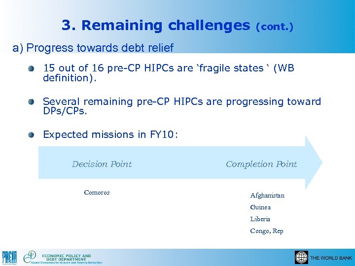 3. Remaining challenges (cont. ) a) Progress towards debt relief 15 out of 16