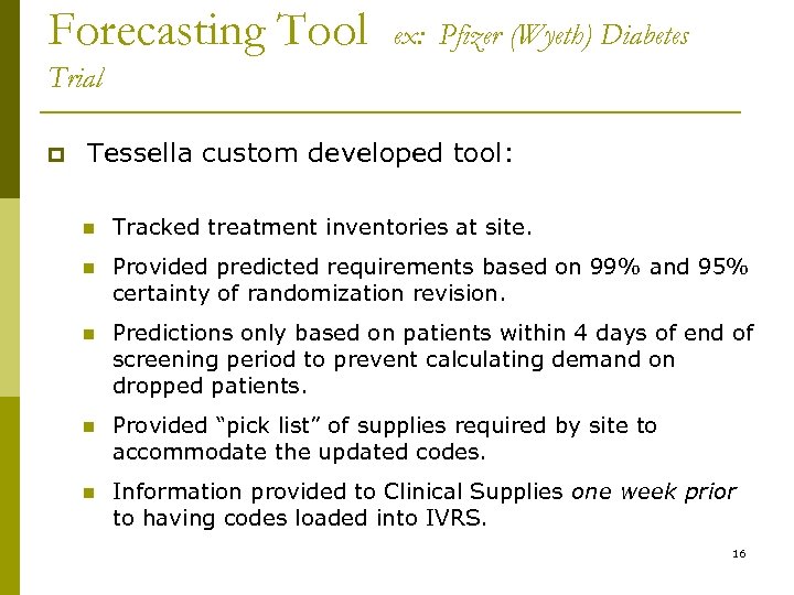 Forecasting Tool ex: Pfizer (Wyeth) Diabetes Trial p Tessella custom developed tool: n Tracked