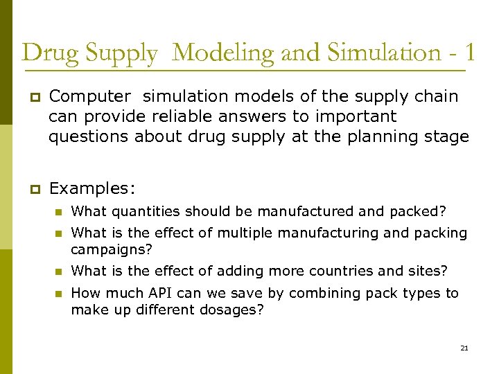 Drug Supply Modeling and Simulation - 1 p Computer simulation models of the supply