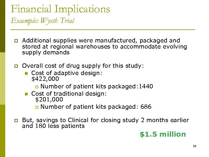 Financial Implications Example: Wyeth Trial p Additional supplies were manufactured, packaged and stored at