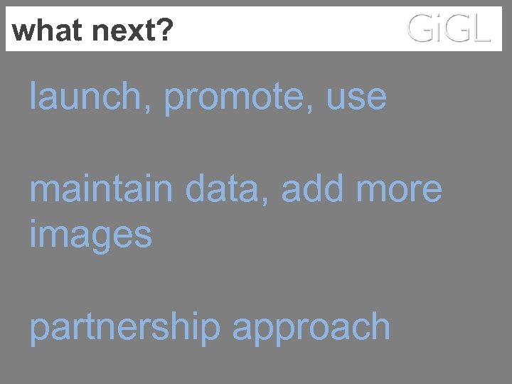 what next? launch, promote, use maintain data, add more images partnership approach 