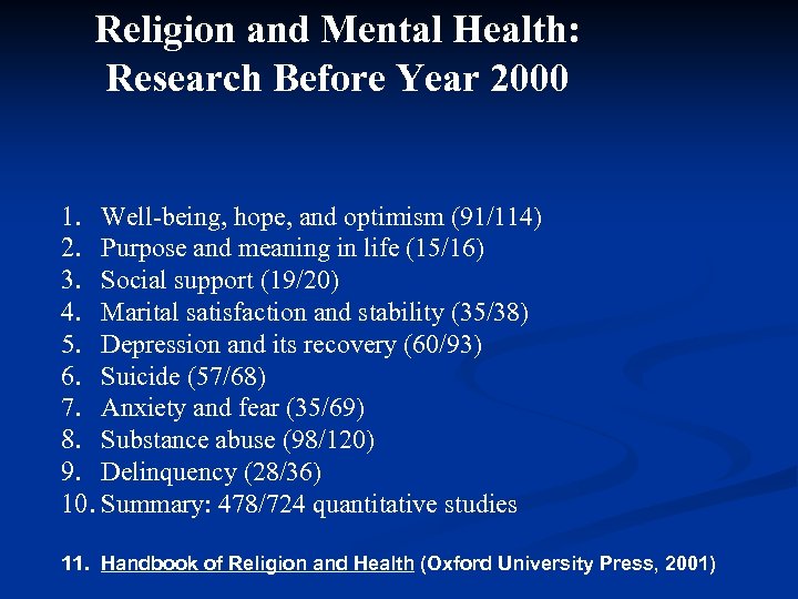 Religion and Mental Health: Research Before Year 2000 1. Well-being, hope, and optimism (91/114)