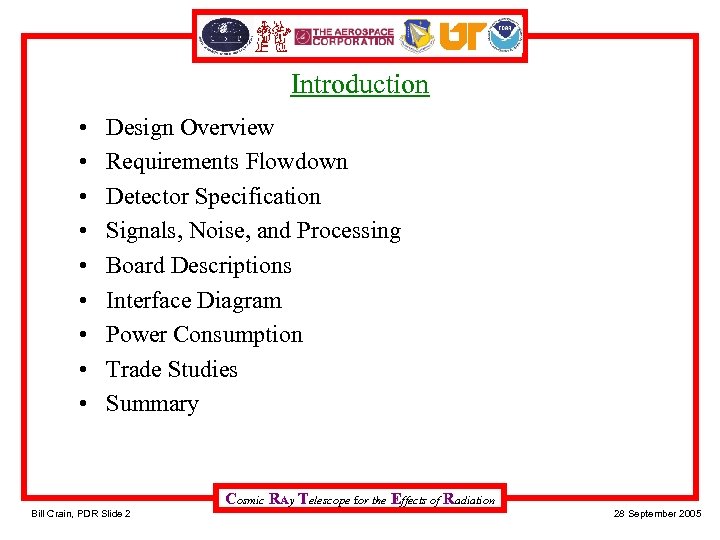 Introduction • • • Design Overview Requirements Flowdown Detector Specification Signals, Noise, and Processing