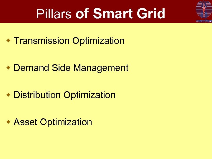 Pillars of Smart Grid w Transmission Optimization w Demand Side Management w Distribution Optimization