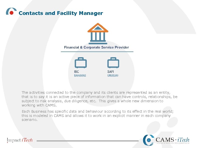 Contacts and Facility Manager Financial & Corporate Service Provider The activities connected to the