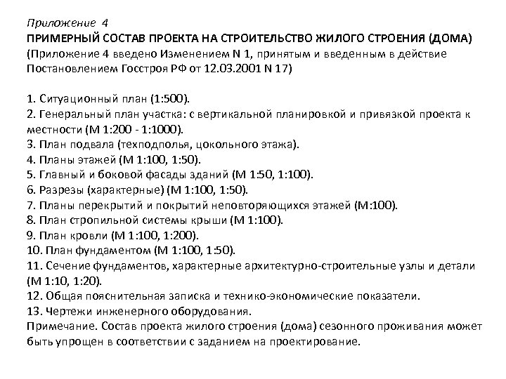 Приложение 4 ПРИМЕРНЫЙ СОСТАВ ПРОЕКТА НА СТРОИТЕЛЬСТВО ЖИЛОГО СТРОЕНИЯ (ДОМА) (Приложение 4 введено Изменением
