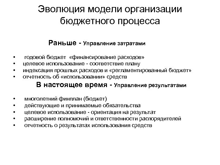 Эволюция модели организации бюджетного процесса Раньше - Управление затратами • • годовой бюджет «финансирование