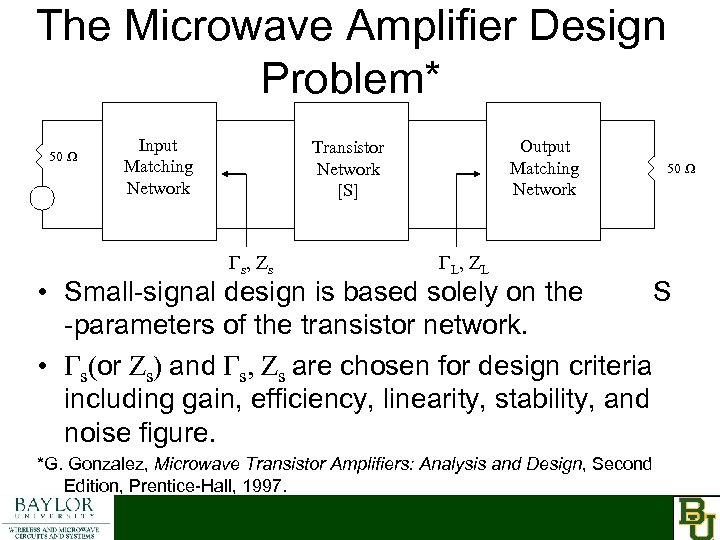 The Microwave Amplifier Design Problem* 50 Ω Input Matching Network Output Matching Network Transistor