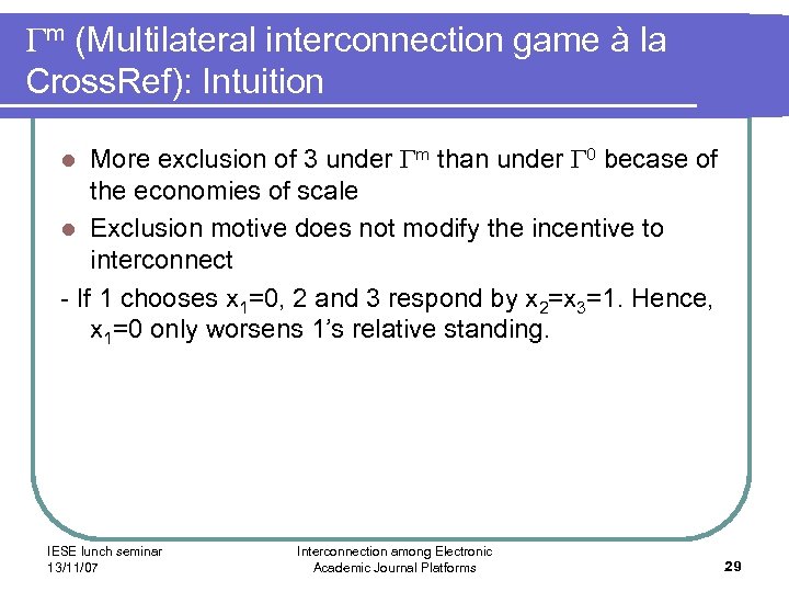  m (Multilateral interconnection game à la Cross. Ref): Intuition More exclusion of 3