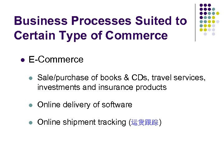 Business Processes Suited to Certain Type of Commerce l E-Commerce l Sale/purchase of books