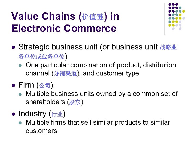 Value Chains (价值链) in Electronic Commerce l Strategic business unit (or business unit 战略业
