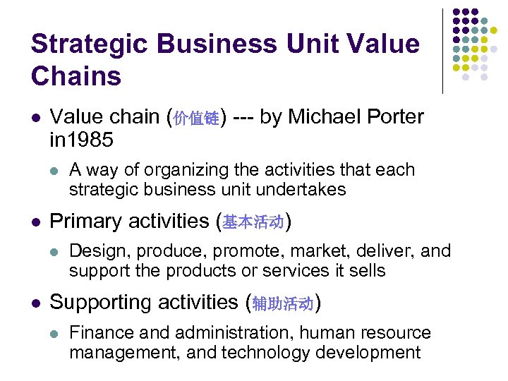 Strategic Business Unit Value Chains l Value chain (价值链) --- by Michael Porter in
