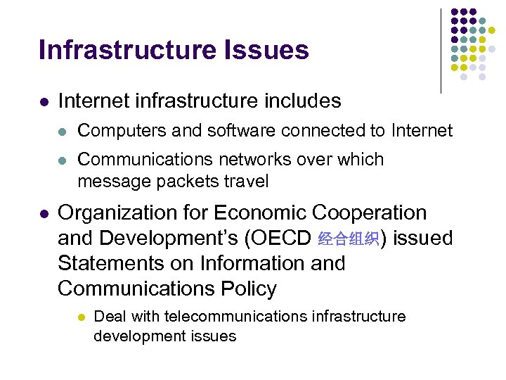Infrastructure Issues l Internet infrastructure includes l l l Computers and software connected to