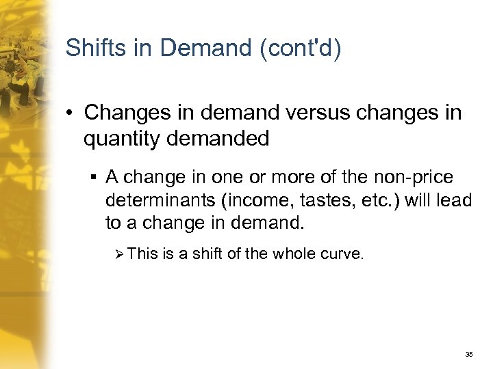 Shifts in Demand (cont'd) • Changes in demand versus changes in quantity demanded §