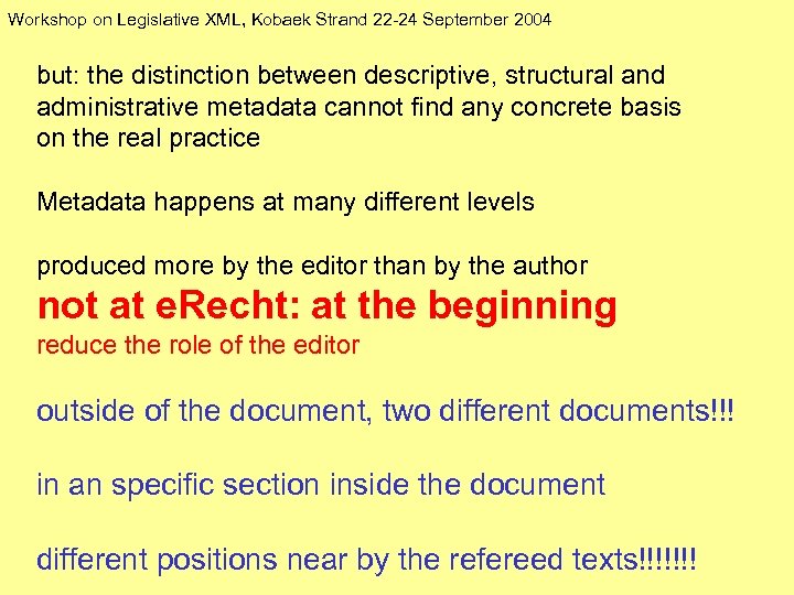 Workshop on Legislative XML, Kobaek Strand 22 -24 September 2004 but: the distinction between