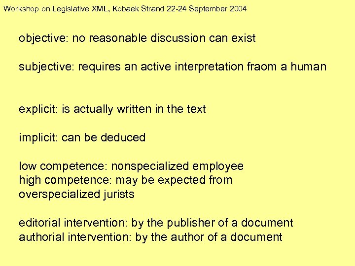 Workshop on Legislative XML, Kobaek Strand 22 -24 September 2004 objective: no reasonable discussion