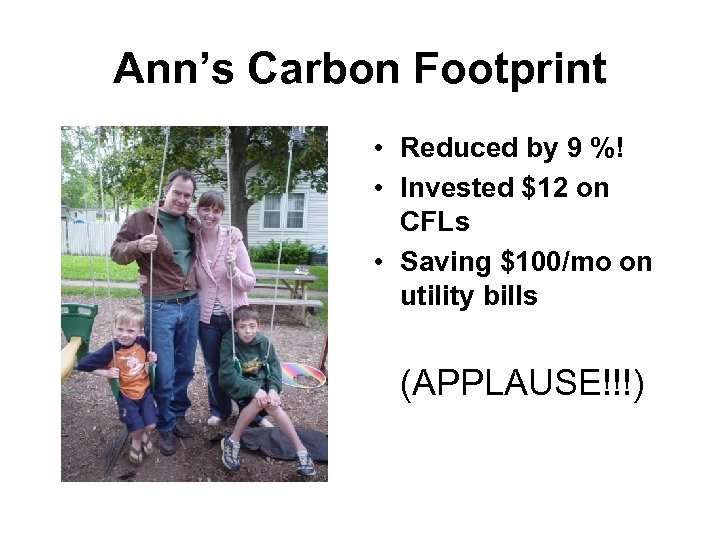 Ann’s Carbon Footprint • Reduced by 9 %! • Invested $12 on CFLs •
