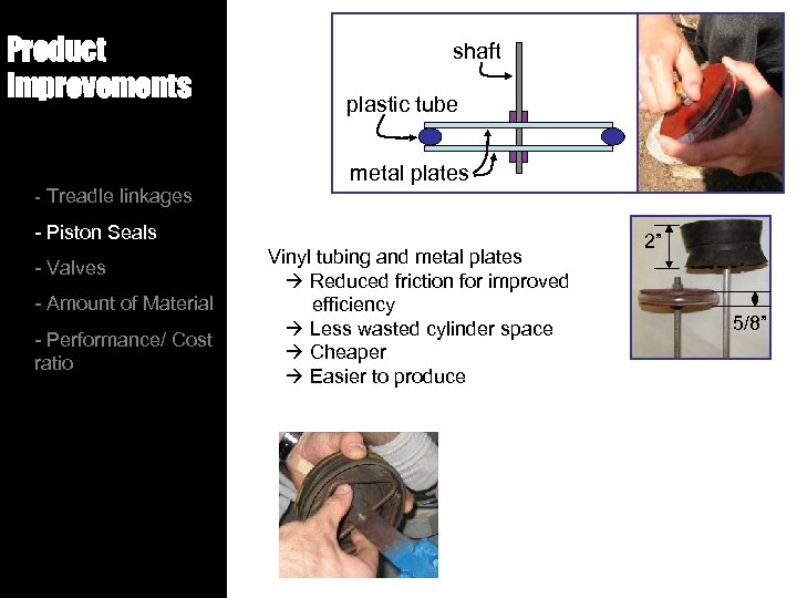 Product Improvements - Treadle linkages shaft plastic tube metal plates - Piston Seals -