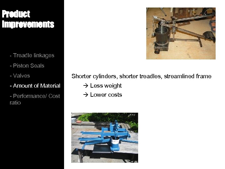 Product Improvements - Treadle linkages - Piston Seals - Valves Shorter cylinders, shorter treadles,