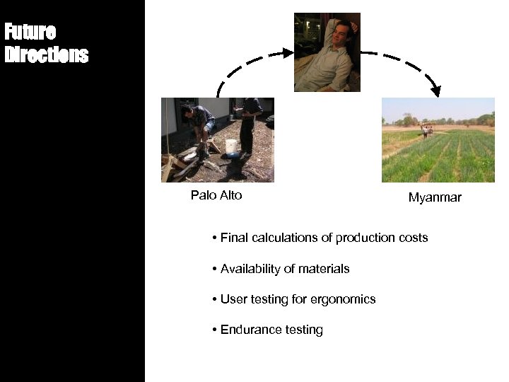 Future Directions Palo Alto Myanmar • Final calculations of production costs • Availability of