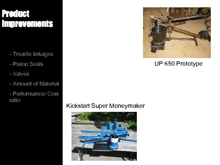 Product Improvements - Treadle linkages UP 650 Prototype - Piston Seals - Valves -