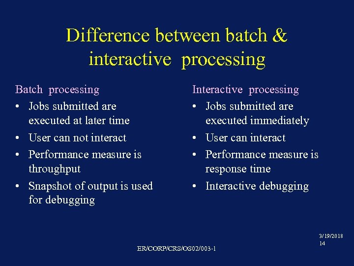 Difference between batch & interactive processing Batch processing • Jobs submitted are executed at