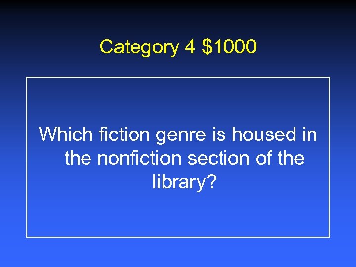 Category 4 $1000 Which fiction genre is housed in the nonfiction section of the